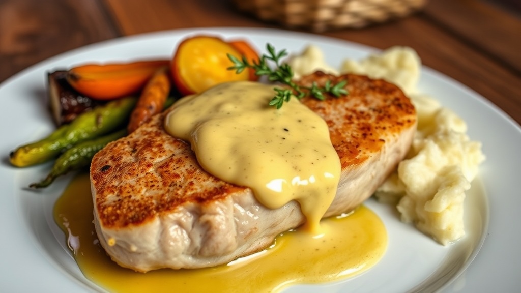 Savory Pork Chops with Mustard Sauce A succulent pork chop with mustard sauce, garnished with thyme, on a rustic wooden table with roasted vegetables.